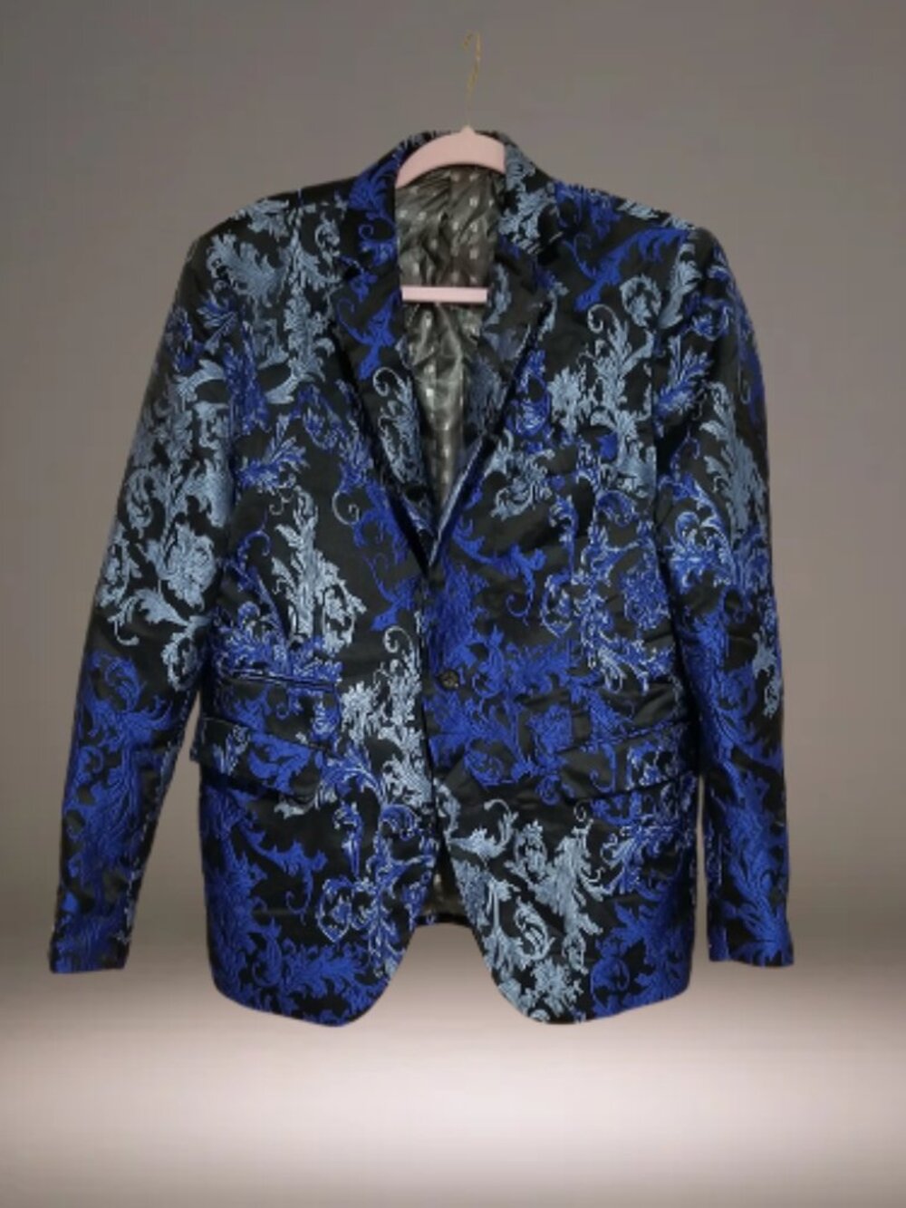 Inserch Men’s Large Slim Fit Black Royal Blue Baroque Floral Blazer sports coat